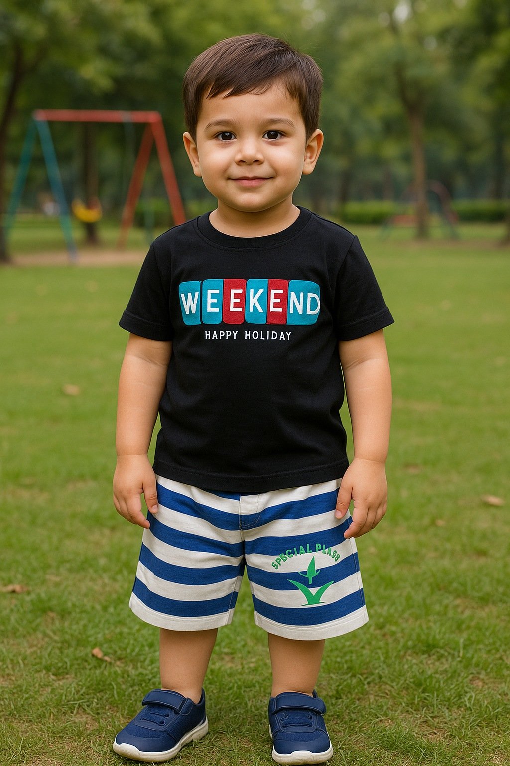 Knock Elite: Trendy Kids Fashion Weekend Tee & Blue Stripe Shorts Set
