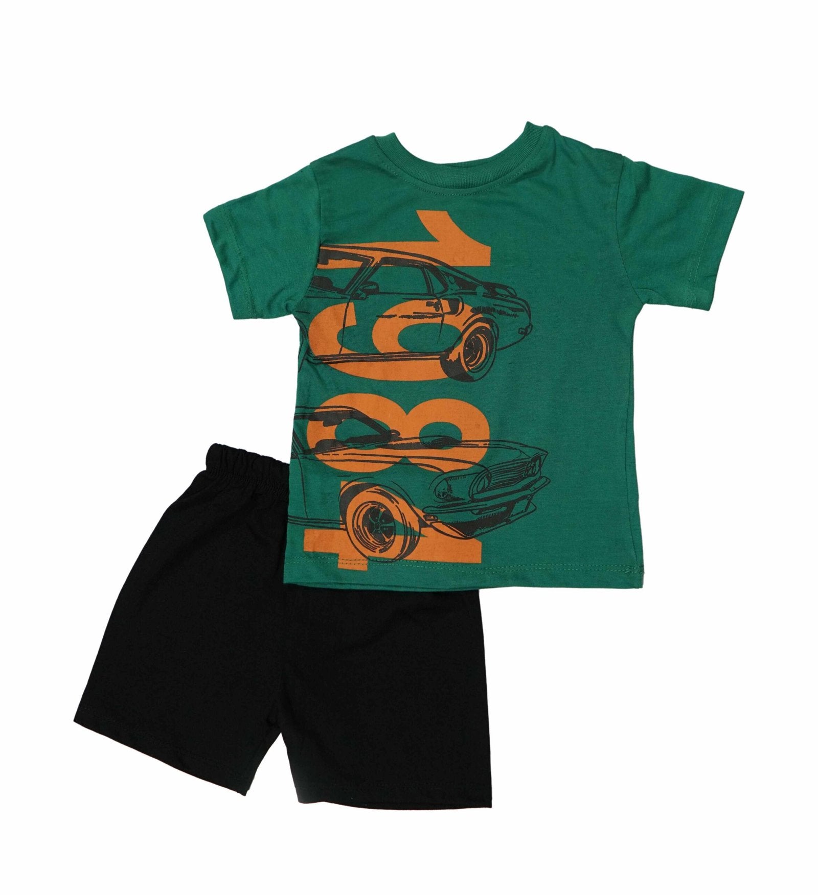Kids Clothes Sale 1984 – Stylish Green Tee & Black Shorts Set for Boys