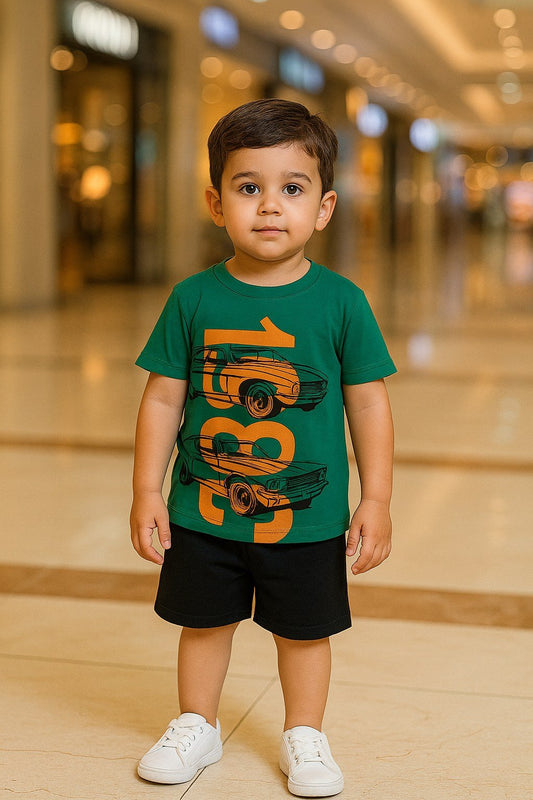 Kids Clothes Sale 1984 – Stylish Green Tee & Black Shorts Set for Boys