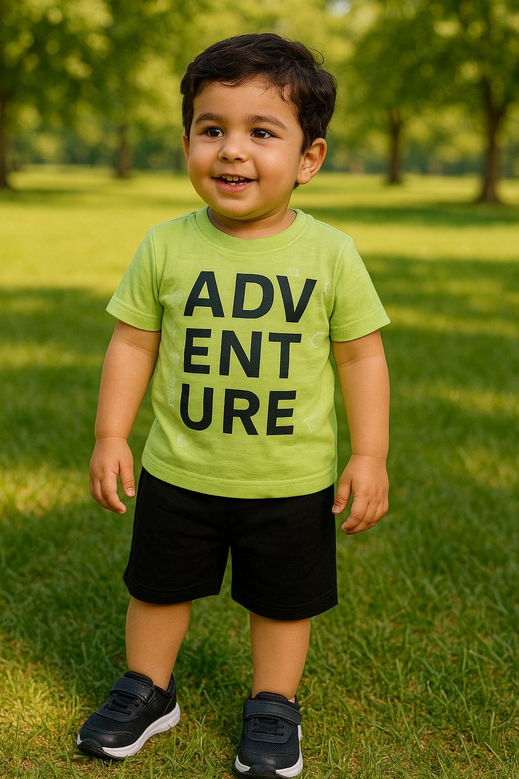 Knock Elite Kids Adventure Outfit – Green Adventure T-Shirt & Black Shorts Set (Boys Summer Dress)