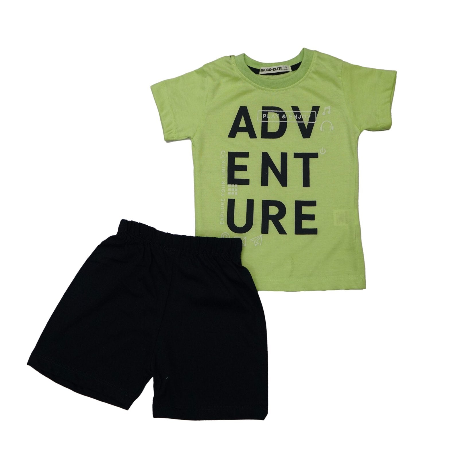 Knock Elite Kids Adventure Outfit – Green Adventure T-Shirt & Black Shorts Set (Boys Summer Dress)