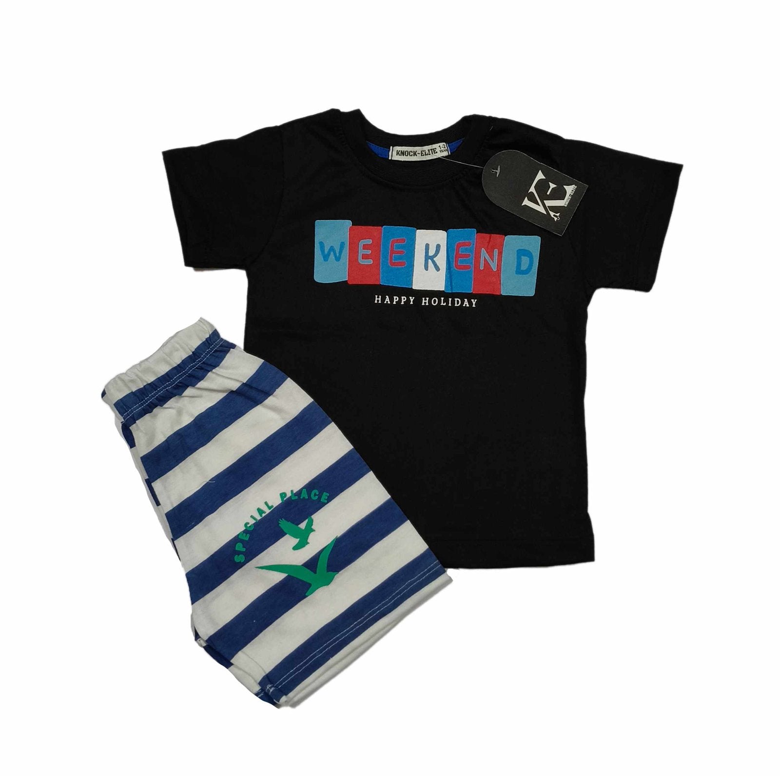 Knock Elite: Trendy Kids Fashion Weekend Tee & Blue Stripe Shorts Set